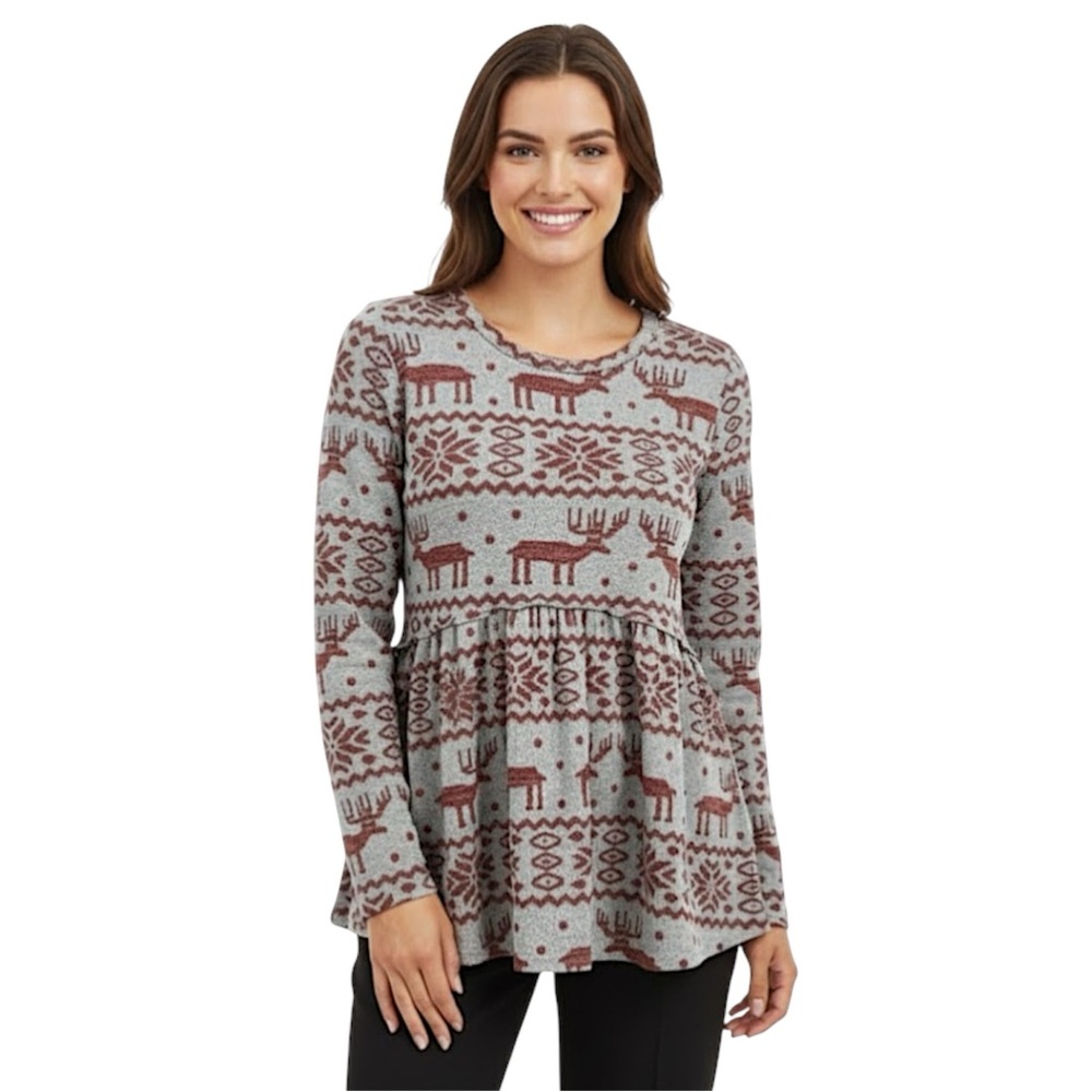 Entro Gray Red Reindeer Snowflake Nordic Print Top Size Large